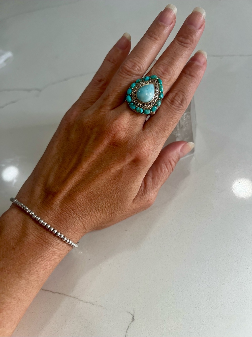 Vintage NK 925 Thailand Larimar & Turquoise Statement Ring Sterling Silver Sz 6